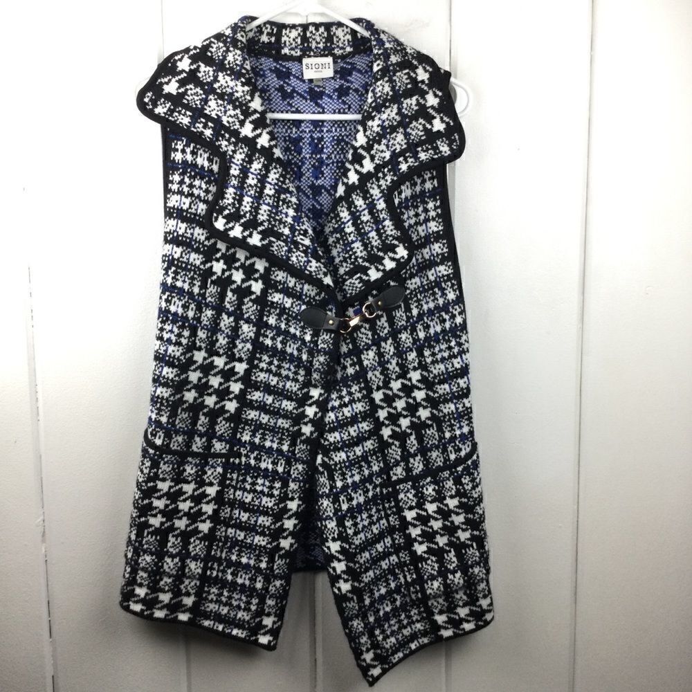 ‎Sioni Houndstooth Knit Vest, White Blue Black Sweater - Small/Medium Petite